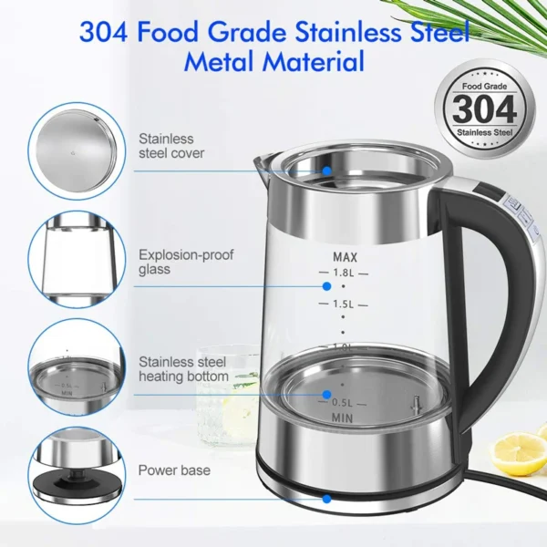 S1e835ad1103f4ddb8a55ced391f03976c.webp 1.8L Smart Thermostatic Electric Glass Kettle | Auto Temperature Control for Home & Office
