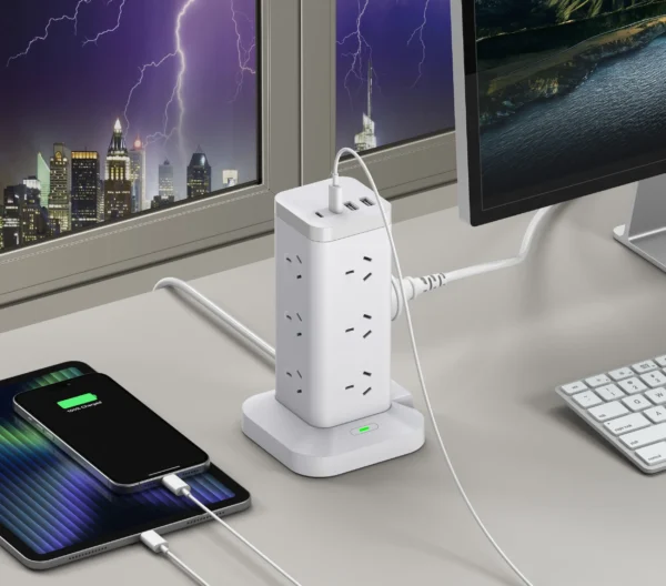 12-Outlet Tower Power Strip with Surge Protection, 2 USB-A, 2 USB-C & 2m Extension Cord (AU Plug)