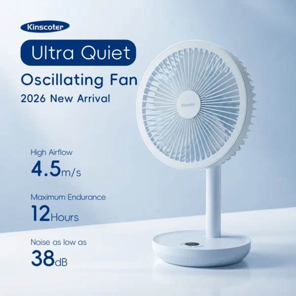 Sd7b203b87c164b2e850d077b565bc7f3n.webp KINSCOTER Smart Oscillating Desk Fan | 4000mAh USB Rechargeable Fan with 5 Speeds